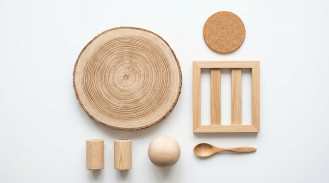 Top view of various wooden objects and a cork coaster isolated on white background