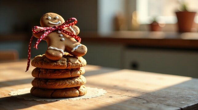 A delightful gingerbread man rests atop a stack of freshly baked, golden-brown cookies, bathed in warm sunlight on a rustic wooden table