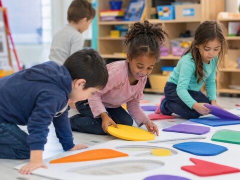 Diverse Group of Young Children Playing with Colorful Shapes on the Floor of a Bright Preschool Classroom for Early Childhood Education