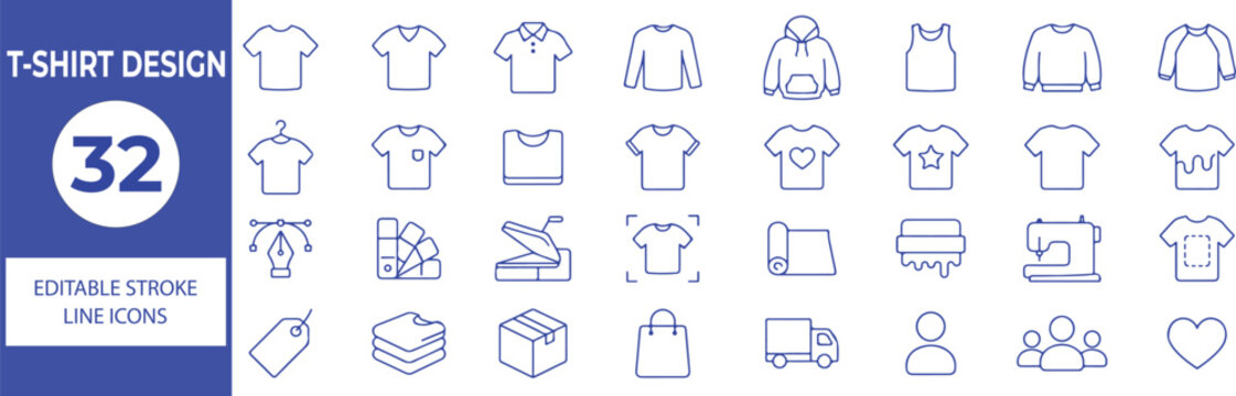 32 T-Shirt Design Vector Outline Icons Set,Apparel, Clothing, Fashion, Print, Merchandise and Garment Line Symbols Collection