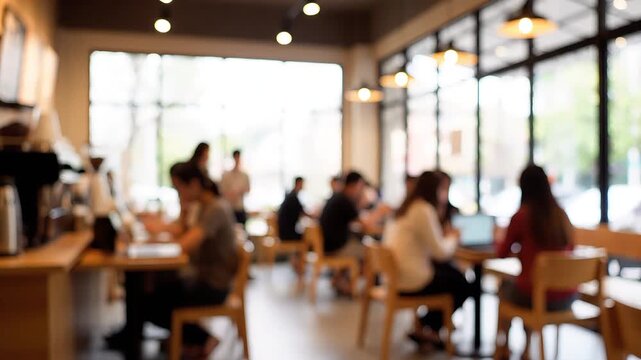 Blurred interior view of a bustling modern coffee shop with people working and socializing at tables near large windows.