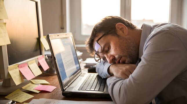 Exhausted tired businessman sleeping on laptop keyboard amidst messy desk with sticky notes and computer in backlit home office showing burnout