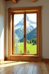 Fototapeta premium Scenic Mountain View Through a Rustic Wooden Double Door Window in a Light-Filled Room