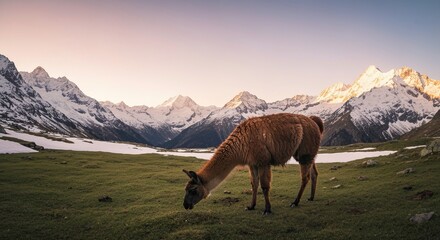 Obraz premium Llama grazing on an alpine meadow with snow-capped mountains, golden hour, soft light