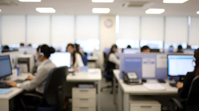 Blurred wide shot of a busy modern office space with numerous employees working at individual desks, many wearing headsets, suggesting a call center operation.