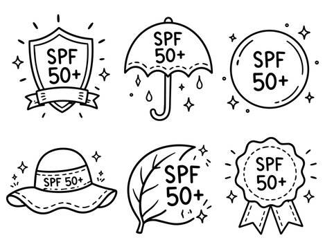 SPF 50 Plus Doodle Icons Set, Hand Drawn Sunscreen Protection Symbols, UV Shield Badge, Sun Hat, Umbrella, Leaf, Seal, Outline Vector, Minimal Line Art, Summer Skincare Collection