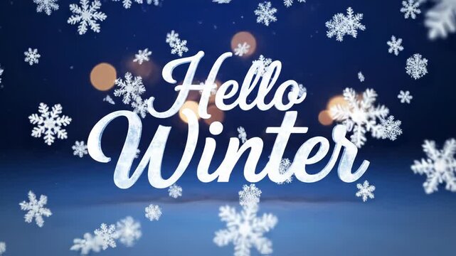Hello Winter text with snowflakes and bokeh lights background