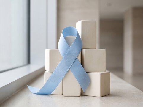 Light Blue Ribbon on Minimalist White Cubes for Prostate Cancer and Men's Health Awareness Campaign
