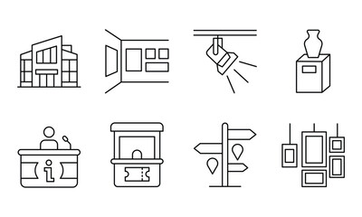 Fototapeta premium Museum and exhibition gallery linear icon set for event signage