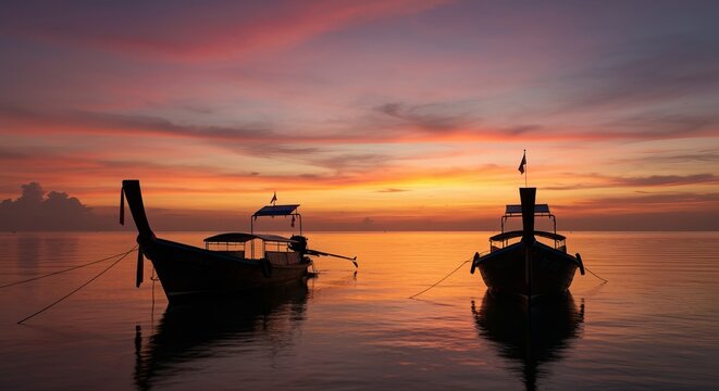 Two long-tail boats silhouetted against a dramatic sunset, vibrant sky, calm water reflections