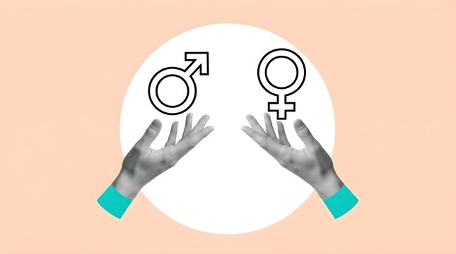 Collage with Hands holding male and female gender sign symbolizing equality isolated over pink background. Sexual education. Concept of love, freedom, awareness 