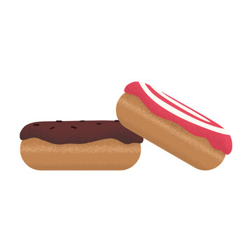 illustration of donut with chocolate and strawberry fill , from side view