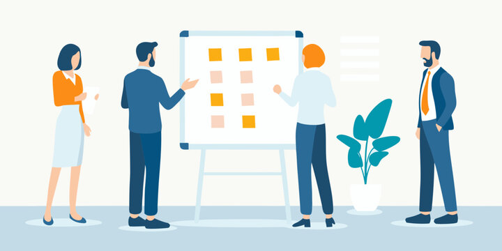 team brainstorming session flat vector illustration people collaboration meeting discussion ideas whiteboard post it notes design graphic art business workplace office strategy planning innovation