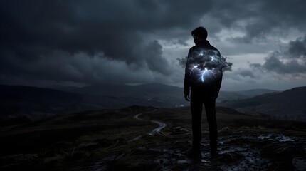 Obraz premium Mental Health Depression Concept with lonely man standing on dark mountain hill carrying storm clouds and lightning inside his body
