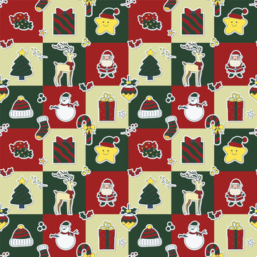 Seamless Christmas pattern wallpaper featuring Santa Claus, reindeer, and gifts in red and green.
