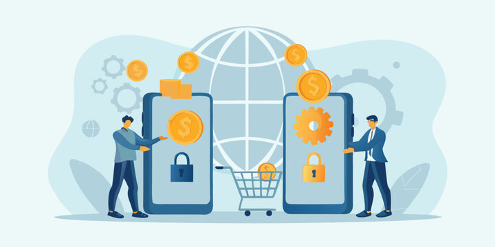 two men with smartphones and shopping cart flat vector illustration money icons gears lock symbols global business ecommerce finance technology online mobile payment