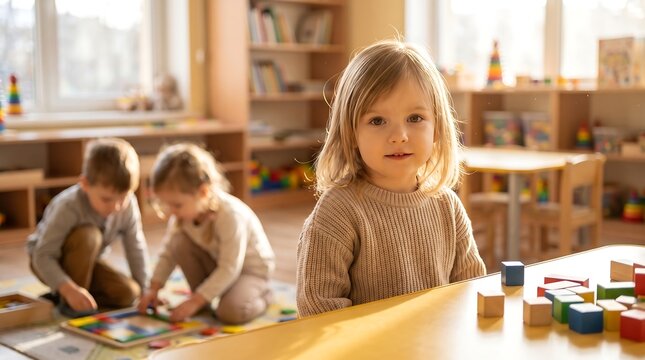 Young child sitting in bright preschool classroom with peers playing with colorful wooden building blocks in background during sunny afternoon creating warm educational atmosphere