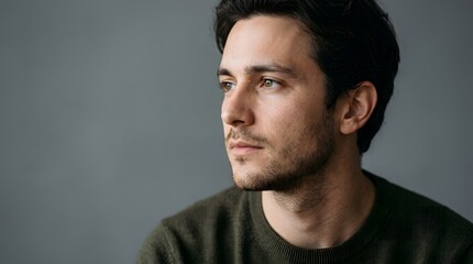 Obraz premium Thoughtful young man looking away with a pensive expression against a grey background.