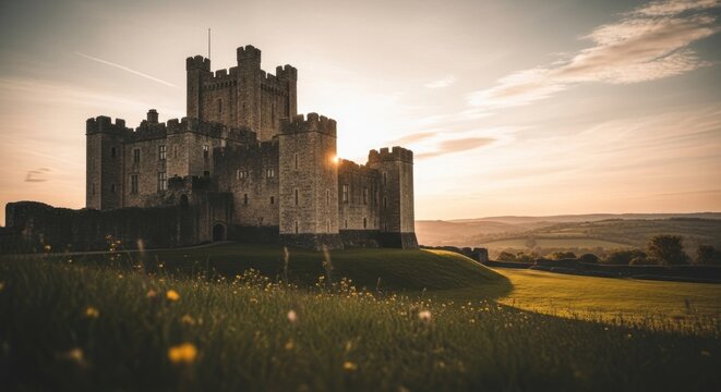 Majestic Castle Bathed in Golden Sunset Light Over Rolling Hills.