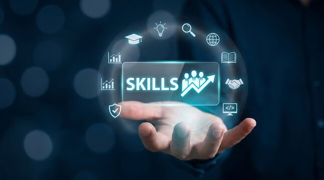 Business professional presenting interactive virtual display with skills and growth icons for corporate training and employee development programs in modern office setting