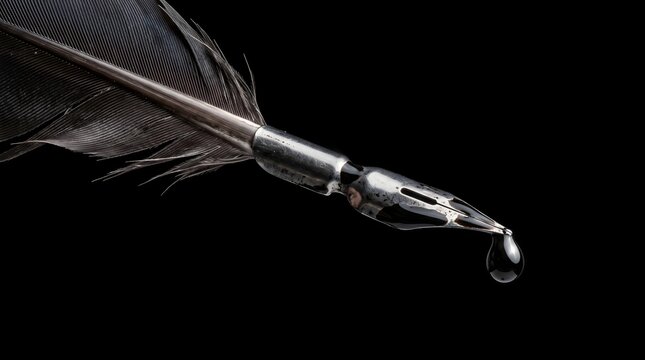 A glistening drop of ink hangs from an ancient feather quill, a powerful metaphor for the birth of ideas, poetic creation, and the enduring power of the written word.