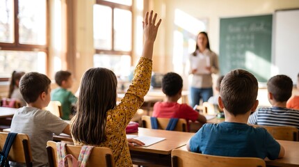 Obraz premium Young schoolgirl raising hand to answer question in classroom with teacher at whiteboard and classmates seated at wooden desks during academic lesson in elementary school