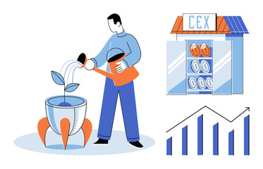 Fototapeta premium Man watering a rocket plant and crypto exchange vector illustration. Business growth, startup development, investment strategy, financial success, digital currency, market analysis. Entrepreneur