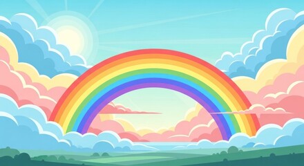 Obraz premium Vibrant Rainbow Arching Over Dreamy Clouds and Green Landscape.