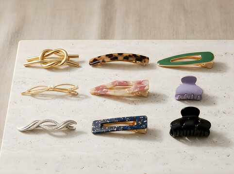 Collection of various decorative hair clips and stylish barrettes arranged on stone tray