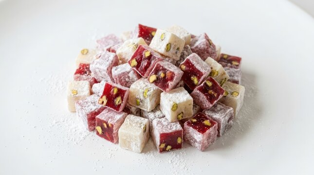 Heap of turkish delight with pistachios on white background