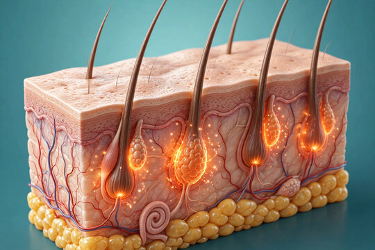 3D cross section diagram of human skin layers showing hair follicles, epidermis, dermis, glowing hair root bulbs, and subcutaneous tissue for skin barrier science and dermatology visual