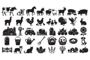 Obraz premium Cartoon Wild and Farm Animals Vector Collection with Lion Horse Cow Pig Sheep Cat Dog Bird Icons and Silhouettes for Design Illustration