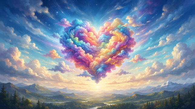 A heart-shaped rainbow-colored pendant above the sea with smaller hearts inside, set against a sky background.