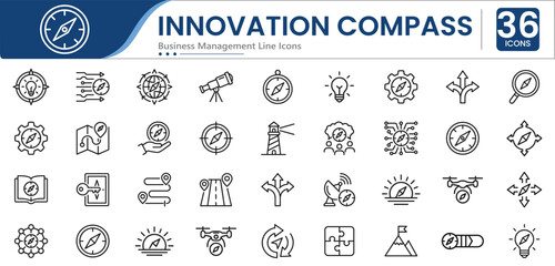 Set of 36 line icons related to Innovation Compass. Containing compass, navigation, innovation, strategy, lighthouse, direction and more. Linear icons in editable stroke style. Line icon set. Vector © ToufikGlyph