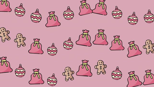Animated pink Christmas pattern with sacks ornaments and cookies