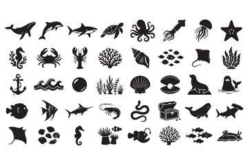 Obraz premium Animals Icons Set, Black Vector Silhouette Collection of Birds, Butterflies and Wildlife Symbols with Floral Nature Elements for Decoration, Pattern and Graphic Design