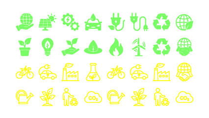 Fototapeta premium Modern eco icon collection featuring renewable energy, recycling, electric vehicles, and green living.