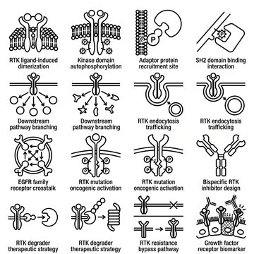 Set of RTK signaling pathway icons illustrating dimerization autophosphorylation and trafficking for biological research and medical illustration isolat