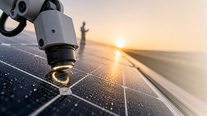 Fototapeta premium A robotic arm with inspection light examines wet solar panels at sunrise, symbolizing advanced robotics, renewable energy innovation, and efficiency in sustainable power systems.
