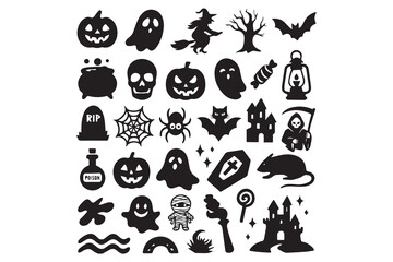 Fototapeta premium Cute Halloween Animal Icons Set, Funny Cartoon Cat, Bat, Ghost, Pumpkin and Monster Vector Illustration Collection for Holiday Design, Seamless Pattern, Doodle and Decorative Elements