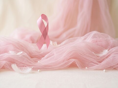 Pink ribbon symbol representing support and hope during breast cancer awareness month on soft fabric background
