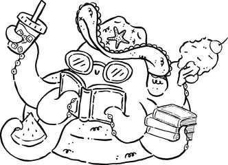 Summer reading bookish Outline, Cute Octopus Reading a Book with Summer Treats Hand Drawn