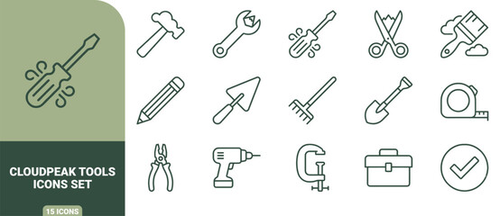 Cloudpeak tools icons set featuring fifteen outline including hammer, wrench, screwdriver, and shovel in green © Gra-fix PNG