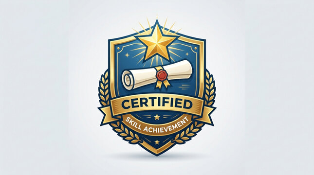 Certified skill achievement badge with gold star and scroll icon, certification