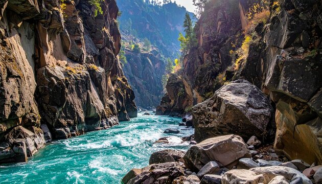 Turquoise river rapids flowing through deep rocky canyon walls with rushing through narrow walls beneath soft canyon