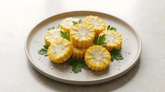Freshly sliced bi color sweet corn rounds garnished with vibrant parsley on a minimalist plate for high-end restaurant menu and stock food photography.