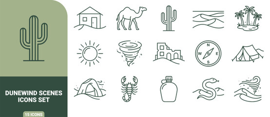 Green line icons set depicting desert scenes, including a camel, cactus, dunes, sun, compass, scorpion, snake, and tent © Gra-fix PNG