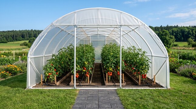 Fresh Tomatoes Growing Inside a Modern Polytunnel Greenhouse on a Sunny Day