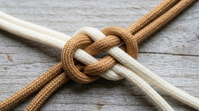 Closeup of a decorative knot made of two intertwined ropes, one white and one brown, resting on a textured wooden surface