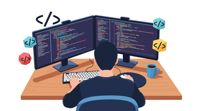 A person working on a computer with dual monitors displaying code, surrounded by programming symbols, illustrating software development.